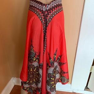 African print hi-lo shirt.